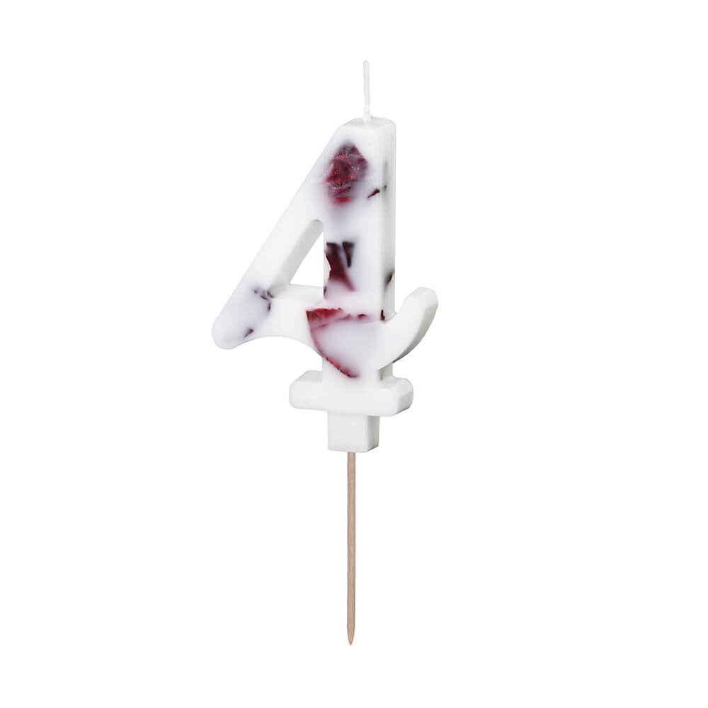 Geburtstagskerze Zahl 4 Weiß mit Blütenblättern, 8 cm