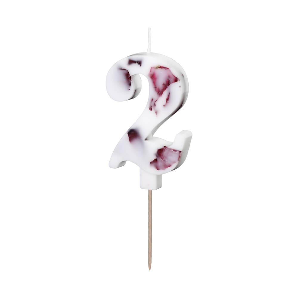 Geburtstagskerze Zahl 2 Weiß mit Blütenblättern, 8 cm