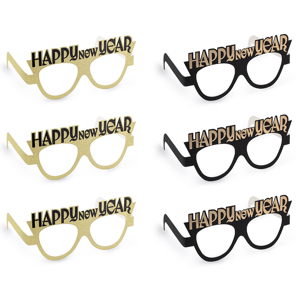 Partybrille Happy New Year, schwarz-gold, 6 Stück