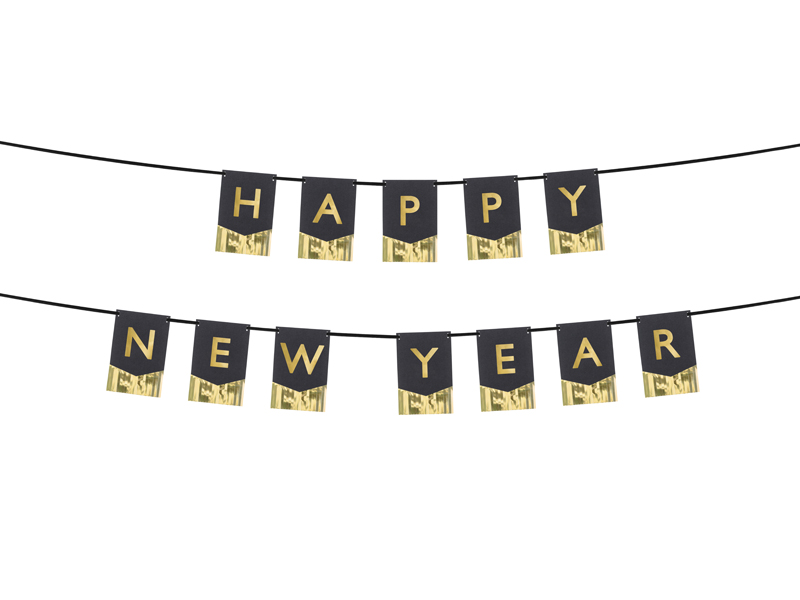 Happy New Year Banner, schwarz-gold, 16,5 x 135 cm