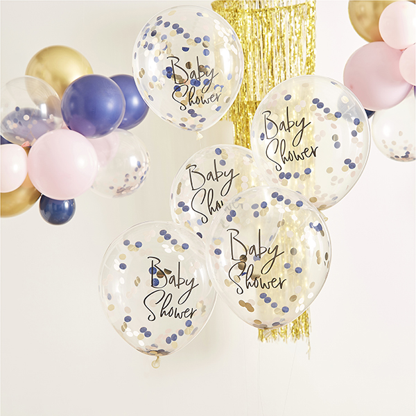 GR-109ConfettiBabyShowerBalloons 5x Konfetti Luftballon Gender Reveal gold. rosa. blau Ø 30 cm