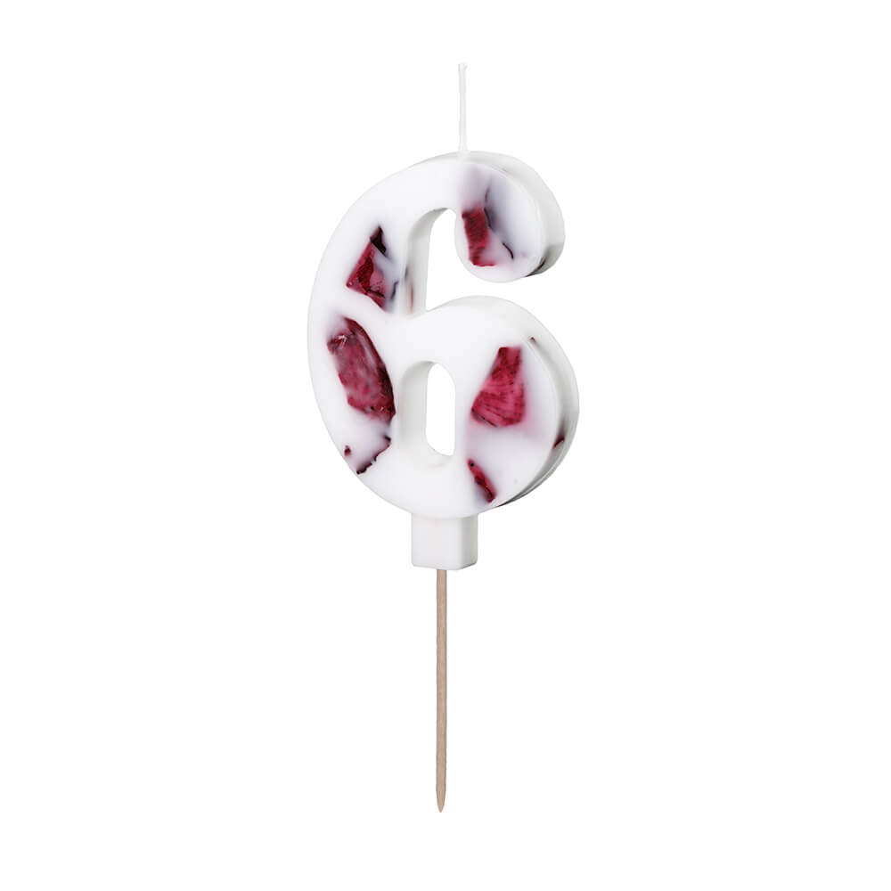 Geburtstagskerze Zahl 6 Weiß mit Blütenblättern, 8 cm