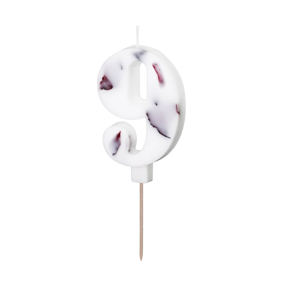 Geburtstagskerze Zahl 9 Weiß mit Blütenblättern, 8 cm