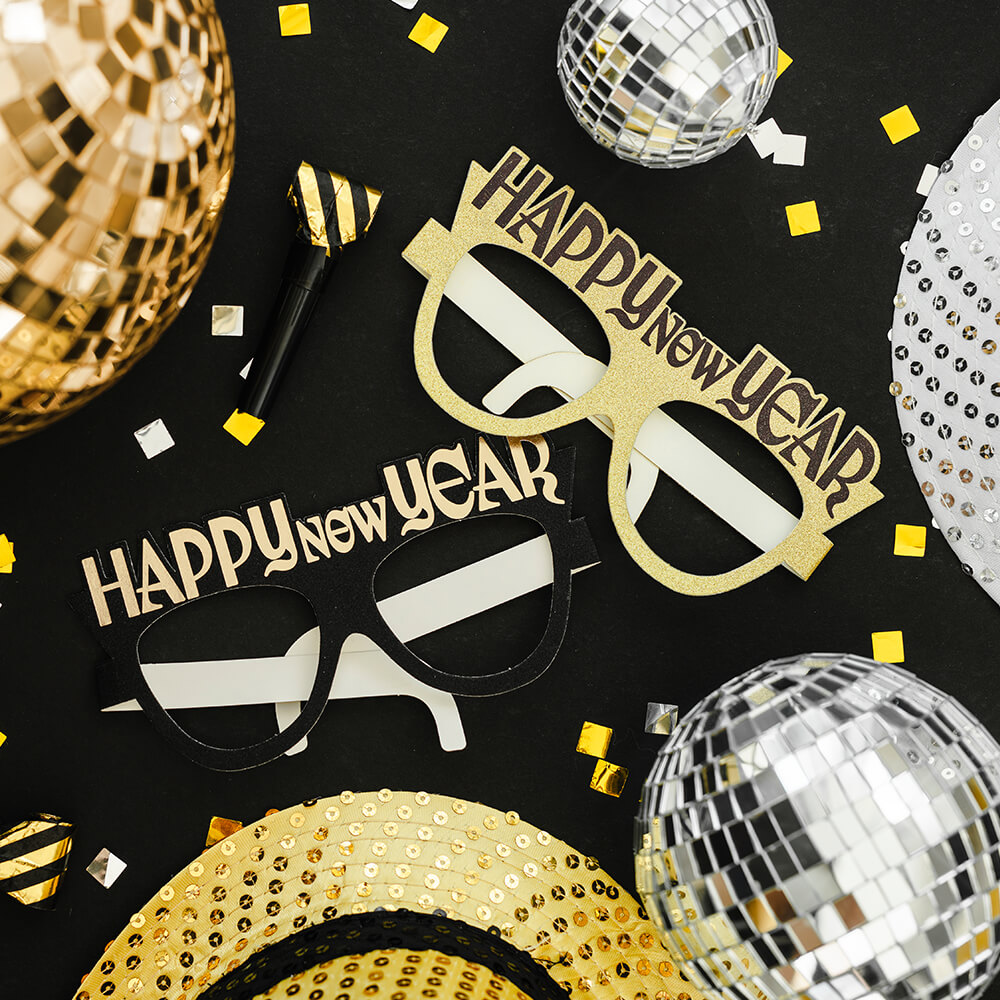 Partybrille Happy New Year, schwarz-gold, 6 Stück